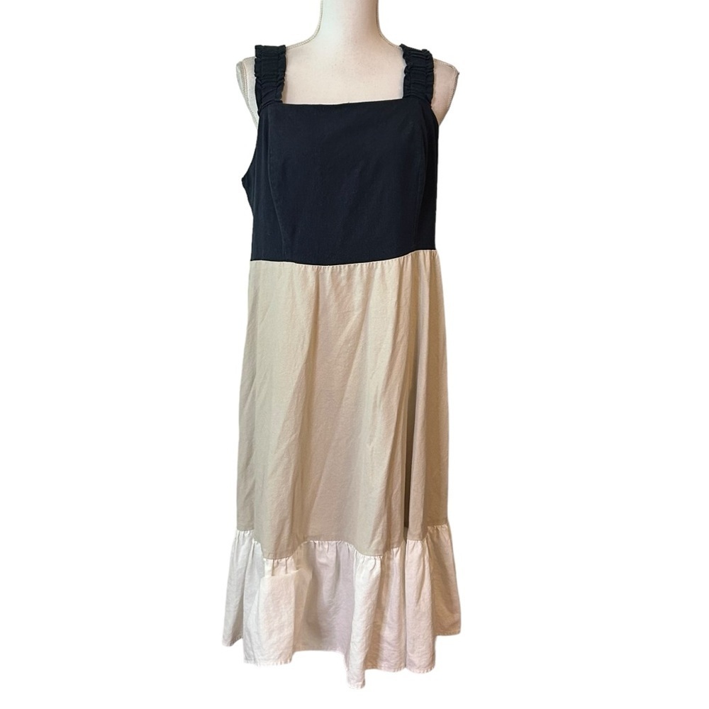 52seven Women's‎ Sleeveless Color Block Tiered Linen Midi Dress SZ 1X Navy Tan